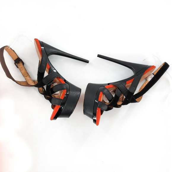 L.A.M.B. Suede Leather Platform Sandals Black Orange NEW - Picture 6 of 10